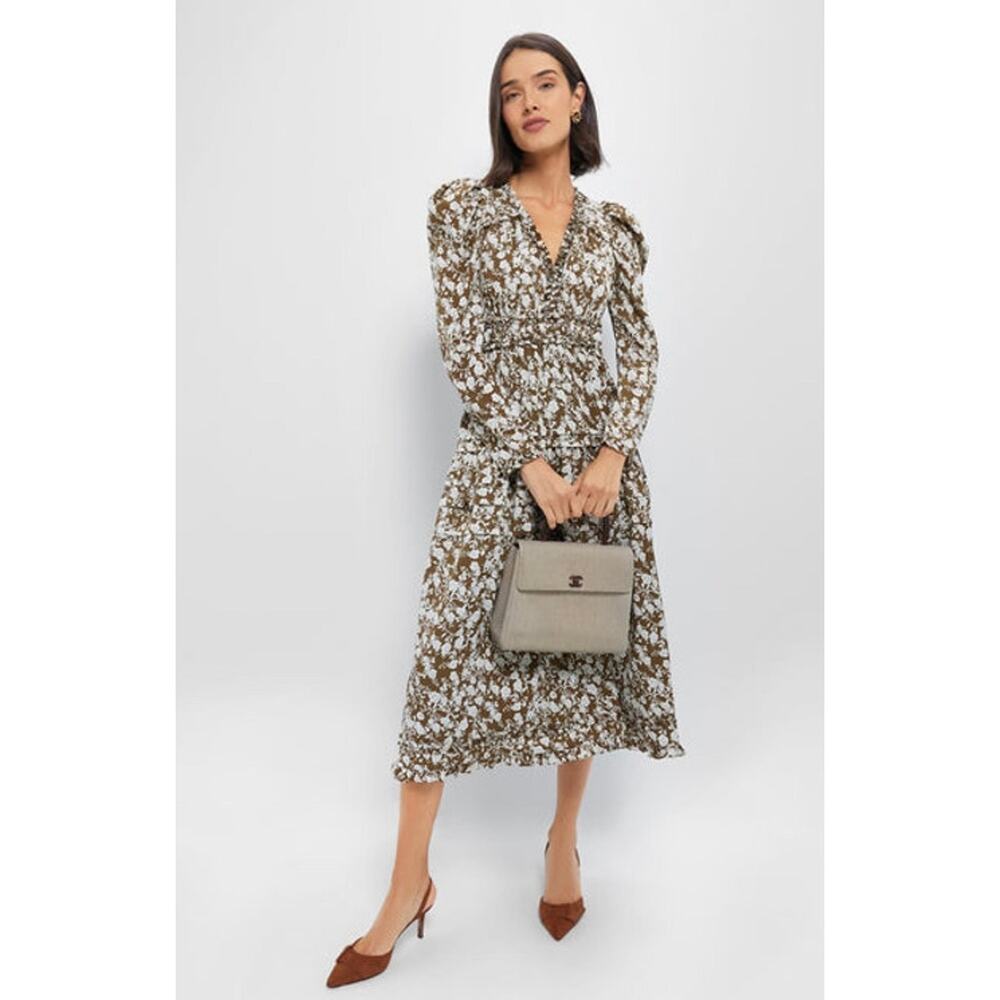 HYACINTH HOUSE | Olive Green Floral Renee Ruffle Midi Dress Cottagecore | Large